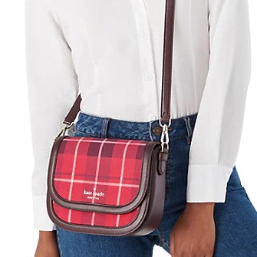 Kate Spade New York Blake Plaid Saddle Bag Cross Body Leather Shoulder Strap NWT